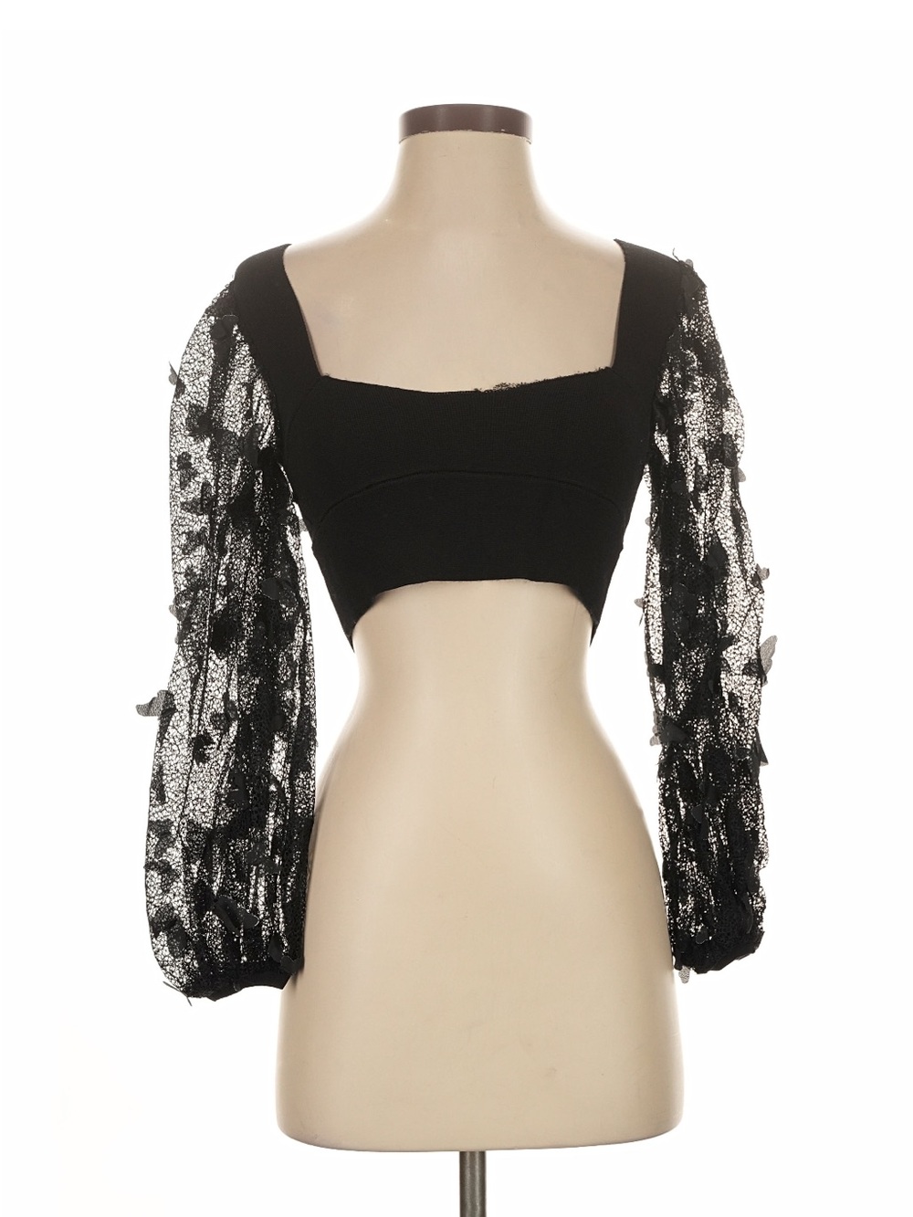 Free People Black Lace Puff-Sleeve Cropped Square-Neck Top